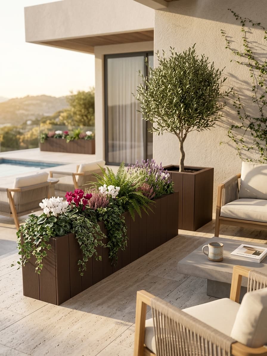 Fioriere WPC su terrazza con vista, accanto alla piscina