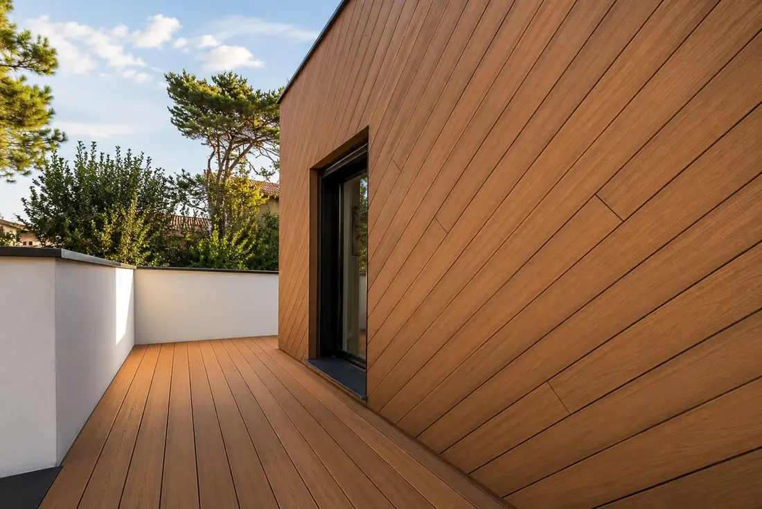 Terrazza con decking e rivestimento in WPC a posa diagonale